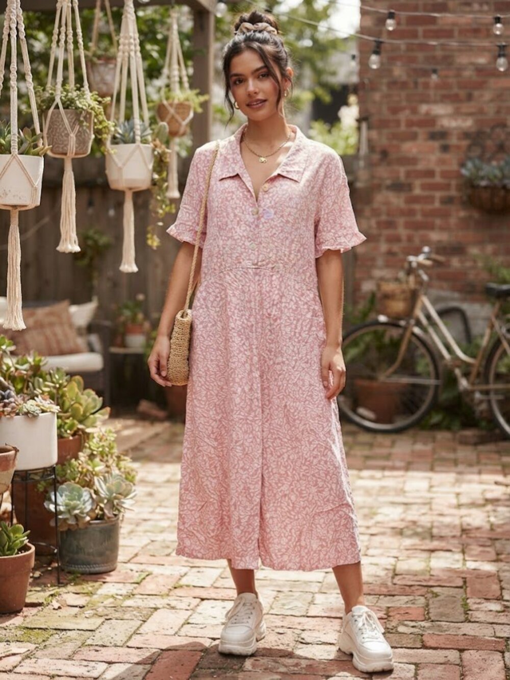VTG 80s 90s Floral Print Midi Dress Collar Pink Carol Anderson Size 14 USA MADE